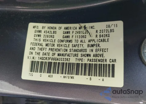 2016 Honda Accord Ex-L V-6 z USA, uszkodzony, nr VIN 1HGCR3F86GA002262